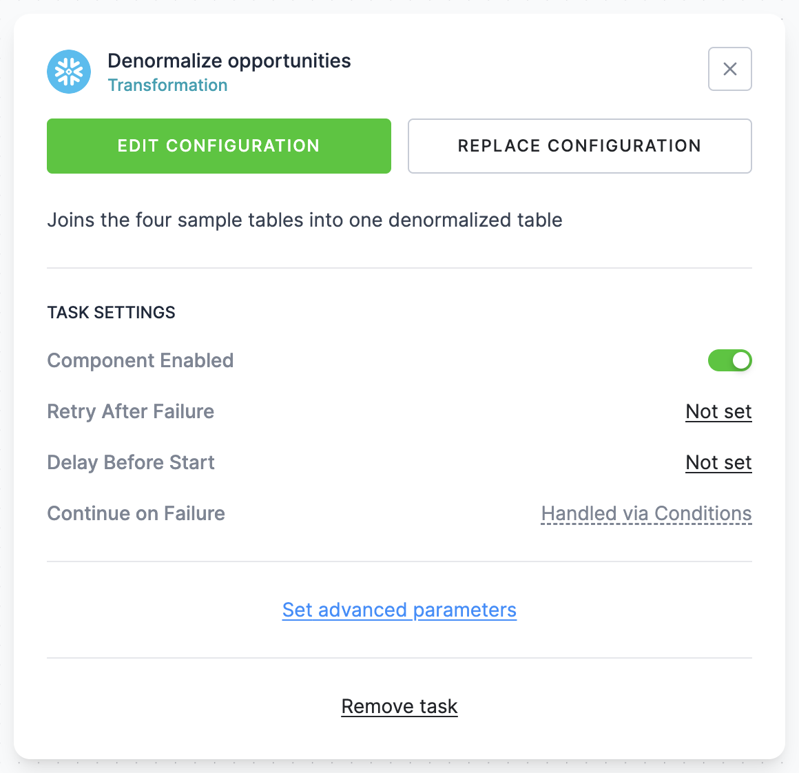 Task settings for a selected task: Component Enabled, Retry After Failure, Delay Before Start, and Continue on Failure shown as Handled via Conditions